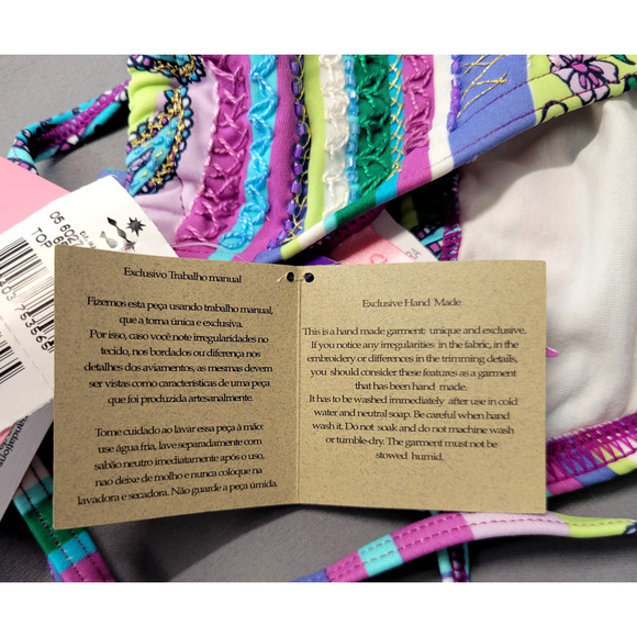 Cia Maritima Bikini Top Womens Medium Embroidered Beaded Floral Stripe Swimwear - Picture 3 of 16